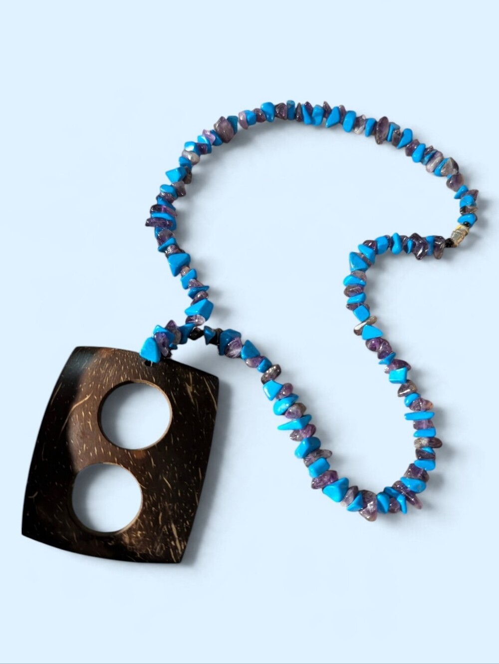Turquoise and Purple Bead Necklace with Dark Wood Pendant
